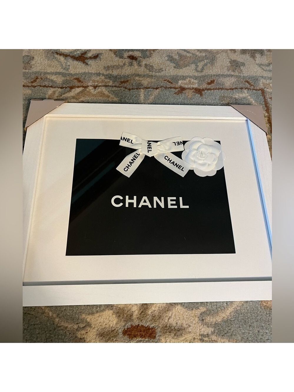 Chanel White Framed Black Bag 16 x 13x with Camelia Flower
